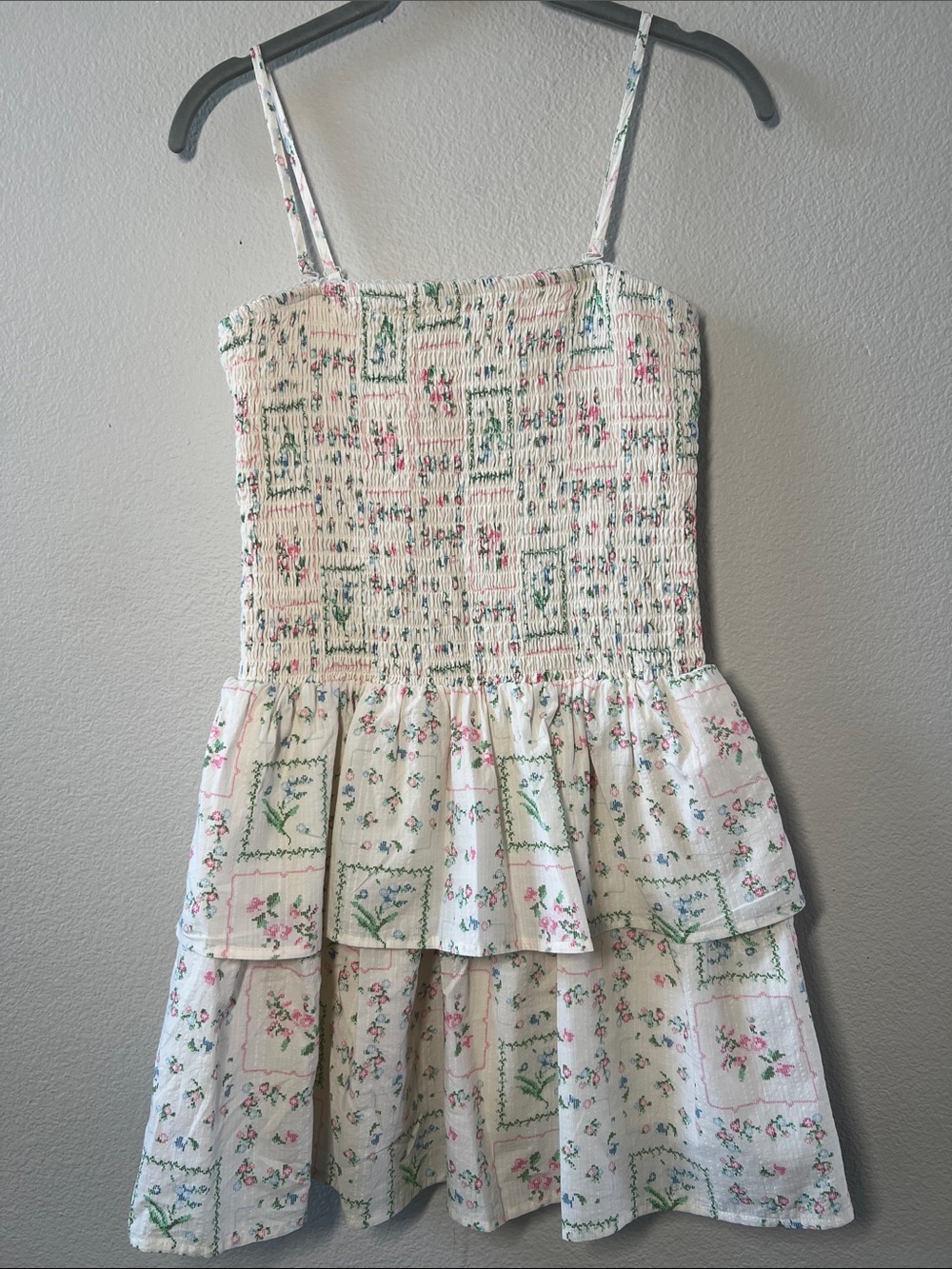 art class Cream Dress with Pink and Green Floral Trim